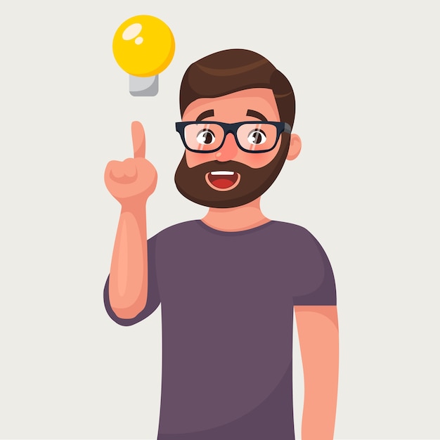 Beard man in glasses and raised finger and bulb