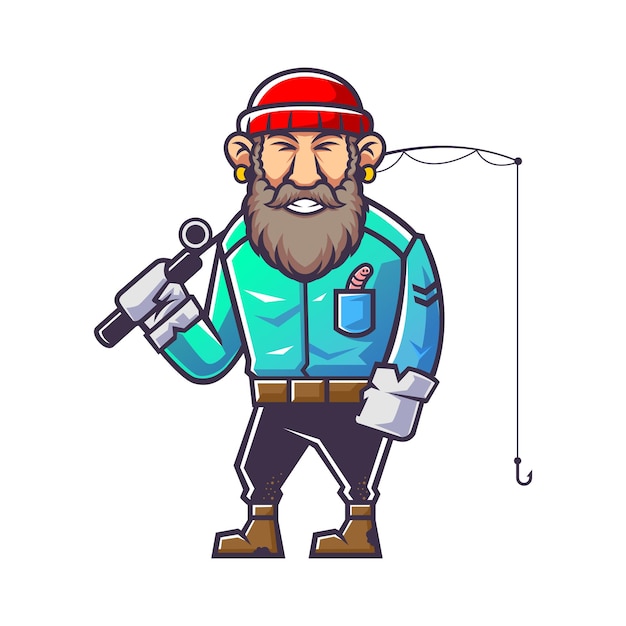 beard man with fishing rod illustration