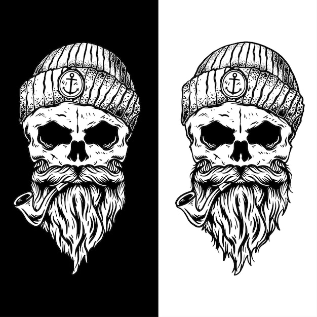 Vector beard skull illustration black and white design