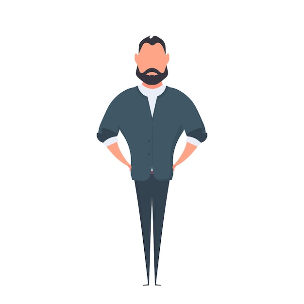 Bearded businessman in cartoon style. The man holds his hands on his belt. Isolated. Vector.