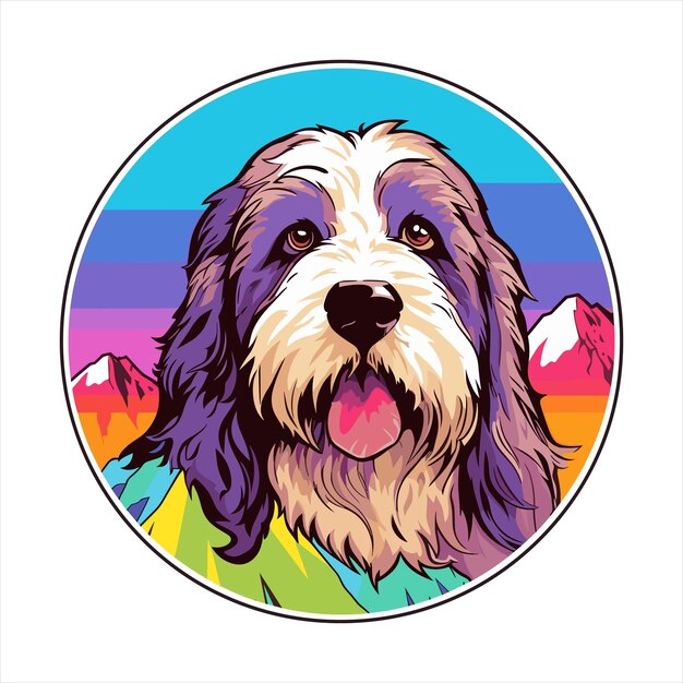 Vector bearded collie dog breed colorful cartoon kawaii animal isolated snow mountains nature illustration