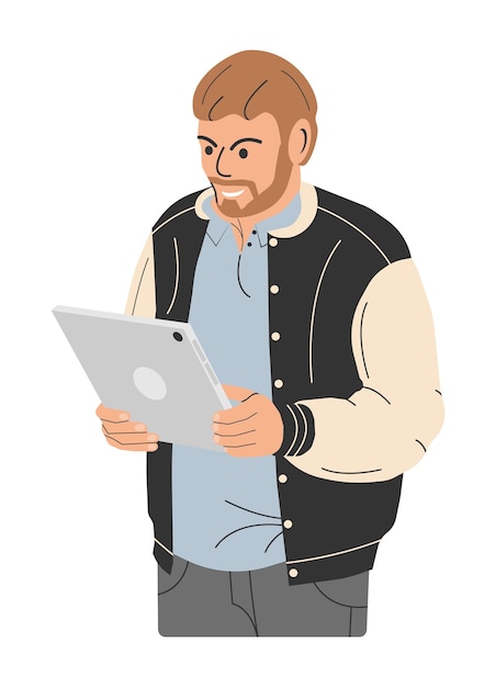 Bearded Fashionable Man Holding Tablet Computer Guy in Casual Clothes with Tablet PC Male Character in Jacket and Jeans with Computer IT Engineer Standing Pose Cartoon Flat Vector Illustration