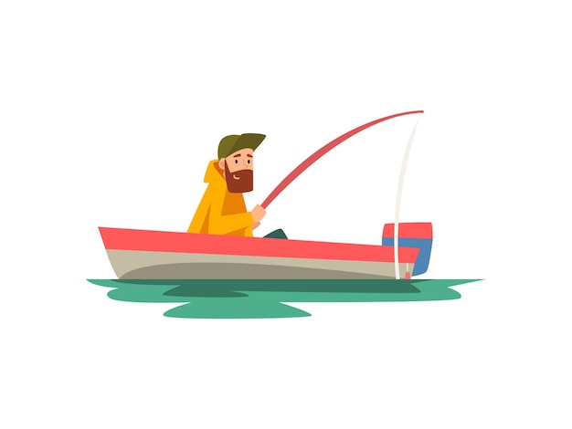 Bearded Fisherman Sitting in Boat with Fishing Rod Fishman Character Wearing Raincoat Vector Illustration on White Background