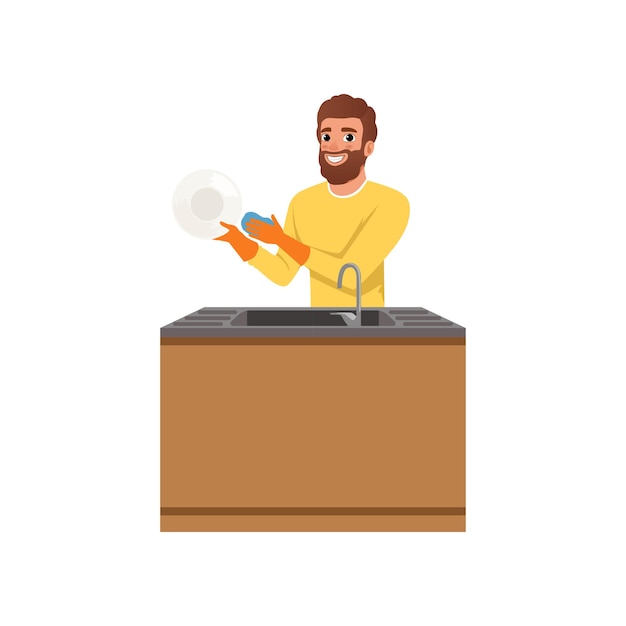 Bearded guy in orange rubber gloves washing plate with sponge Young man doing household chores Cleaning and housekeeping theme Cartoon flat vector design