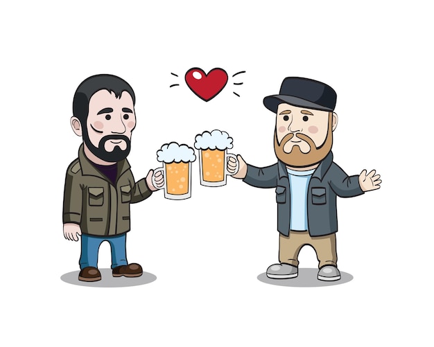 Bearded male characters with beer mugs Cartoony men with beer mugs Meeting in pub Oktoberfest Vector illustration