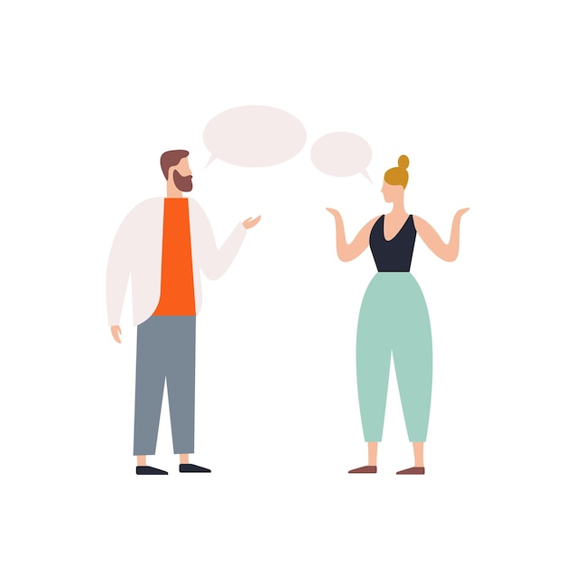 Bearded male talking to female with speech bubbles vector flat illustration. Angry couple discussing each other isolated on white background. Irritating woman and man having conversation.