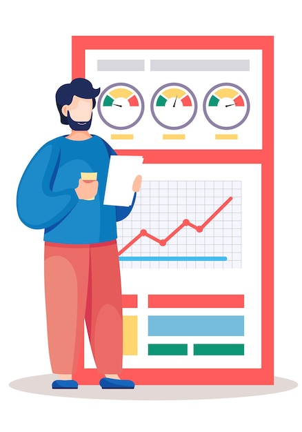 Bearded man analyzes graphs and charts on the background The marketer studies information about the metrics The guy stands with paper and coffee Statistical analyzes of financial work in the office