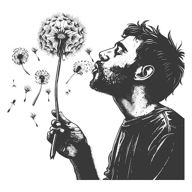 Vector bearded man blowing dandelion seeds into the wind