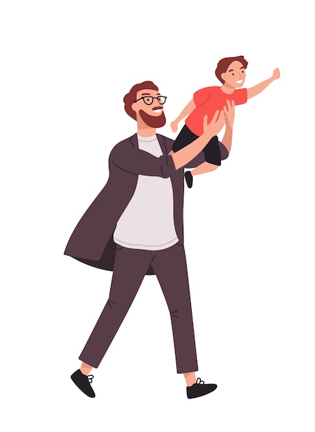 Bearded man carrying young boy. Smiling dad holding son. Joyful father playing with his little kid. Happy family. Cute cartoon characters isolated on white background. Colorful vector illustration