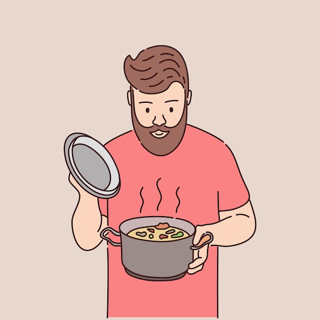 Bearded man has cooked soup in a pot and is looking there Vector illustration