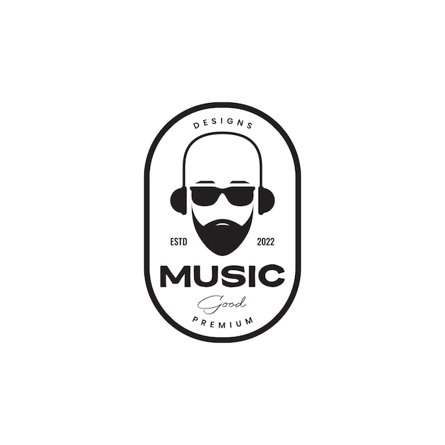 Bearded man hearing headset vintage logo