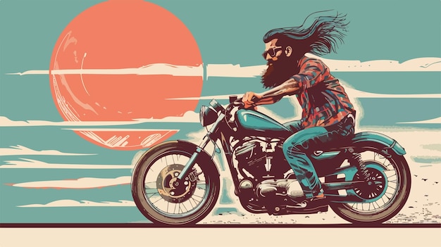 Vector bearded man hipster riding a motorbike in vector style