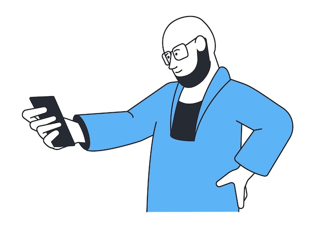 Bearded man looking at smartphone. Video call communication. Vector illustration