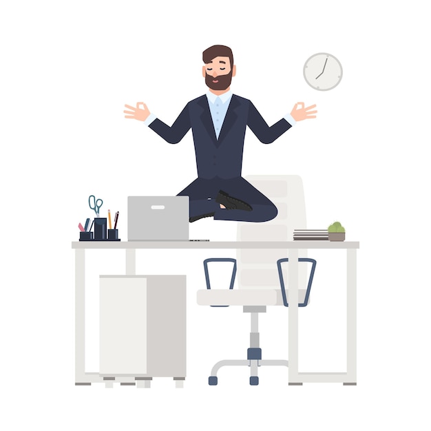 Bearded man or office worker dressed in business suit sitting crossed legs, levitating over its workplace desk and meditating. Tranquility at work. Colorful vector illustration in flat cartoon style.