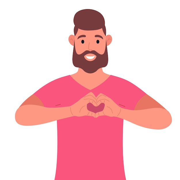 Bearded man in pink tshirt making or gesturing heart symbol with fingers Vector illustration