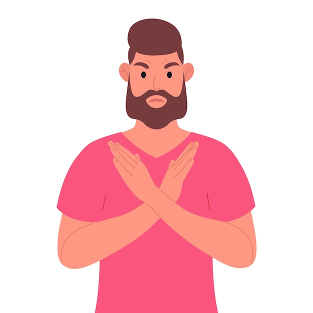 Bearded man in pink tshirt making X shape stop sign with hands and negative expression Vector illustration