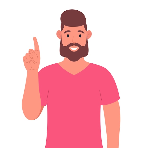 Bearded man in pink tshirt pointing up finger while standing and smiling Concept of a great idea Vector illustration