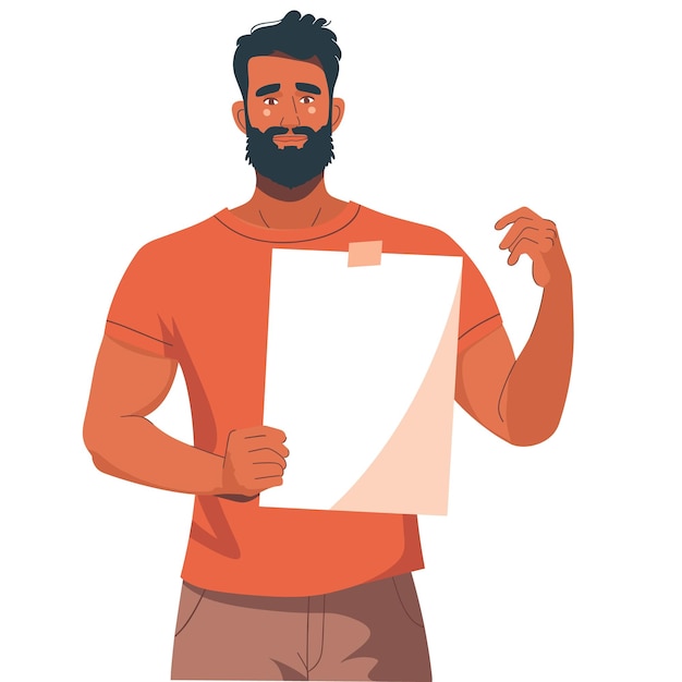 Bearded man presenting blank paper casual attire confident smile Male holding empty sheet ready