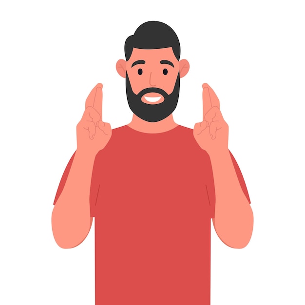 Bearded man showing hopeful gesture sign with fingers crossed Vector illustration