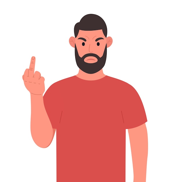 Bearded man showing off middle fingers Obscene gesture Vector illustration