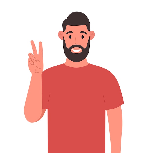 Bearded man shows victory gesture A sign of success and peace Vector illustration