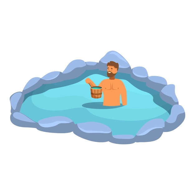 Vector bearded man taking an ice bath for wellness with wooden bucket