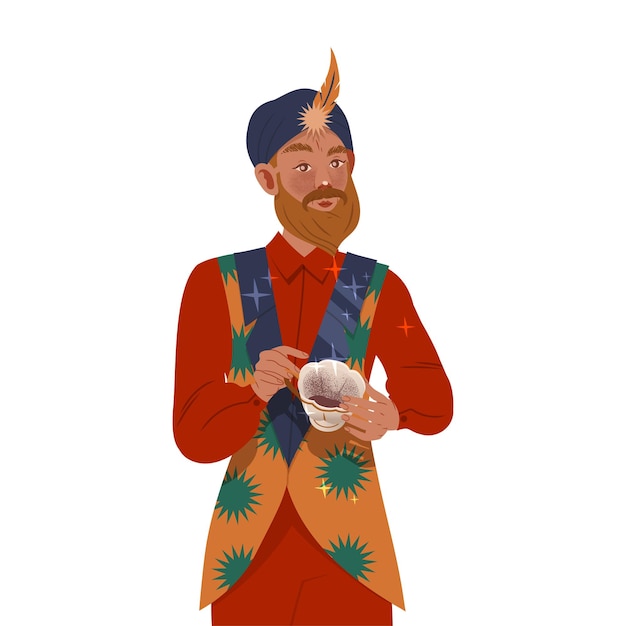 Vector bearded man in turban as fortune teller reading coffee grounds predicting future vector illustration