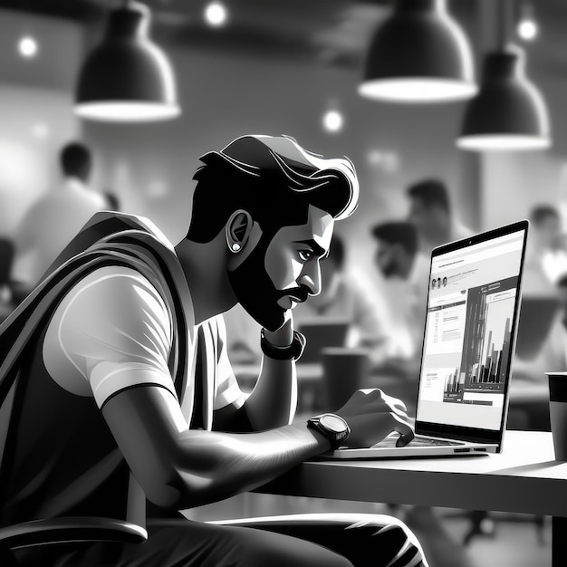 Vector bearded man using laptop