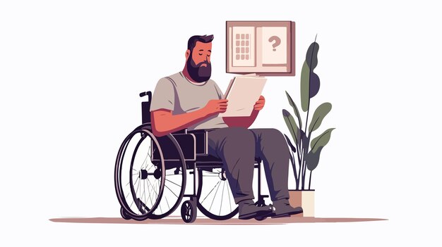 Vector bearded man in wheelchair reading mail at home