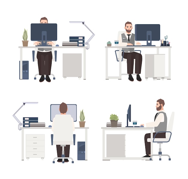 Bearded man working on computer at workplace. Male clerk or manager sitting at office desk. Flat cartoon character isolated on white background.