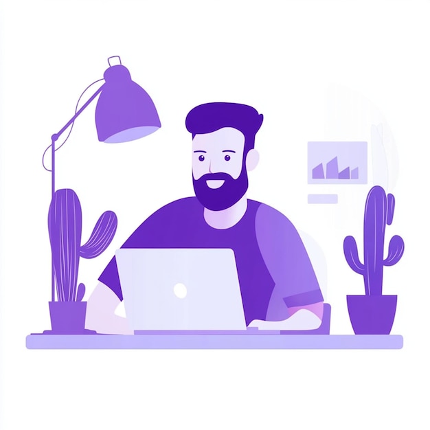 Vector bearded man working on laptop