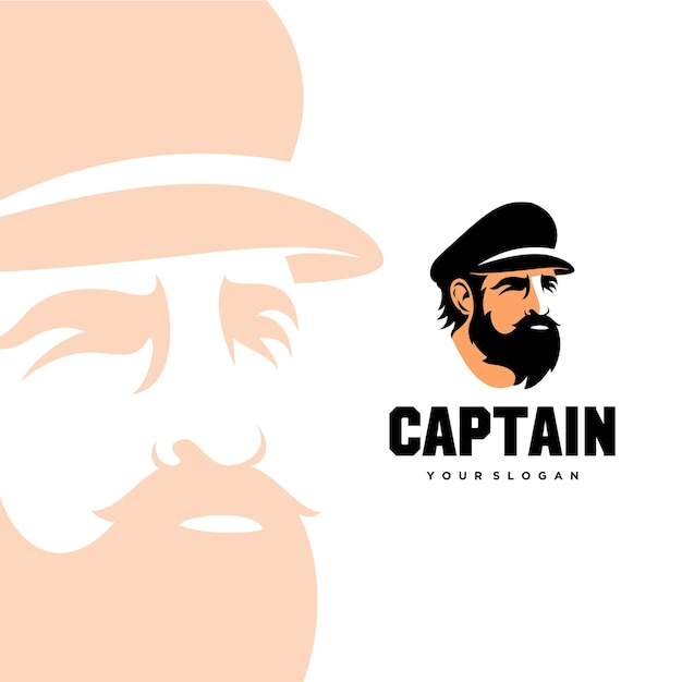 Bearded ship captain or skipper with crest hat for nautical logo design for sailors