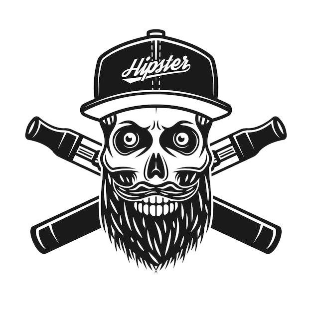 Bearded skull of hipster in baseball cap and two crossed electronic cigarettes vector illustration in vintage monochrome style isolated on white background