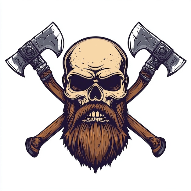 Vector bearded viking skull holding two axes