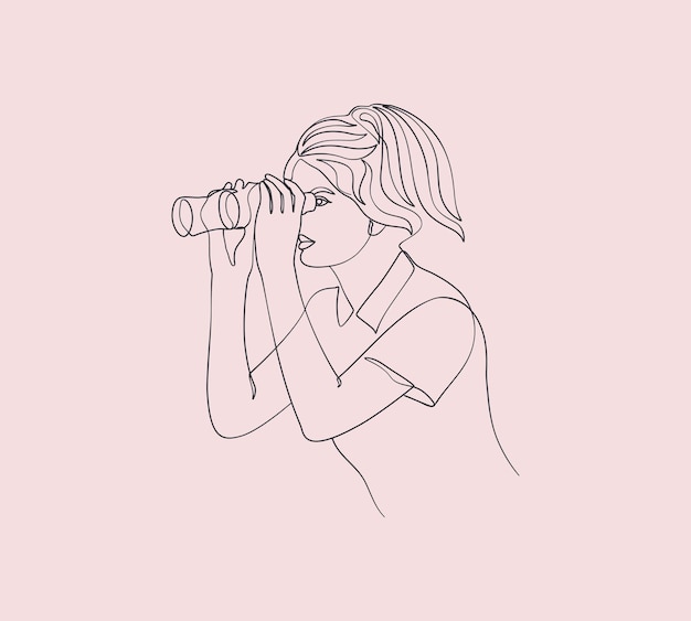 Beautiful Abstract Woman Use And Looking Through Binoculars Line Art Illustration Sketch