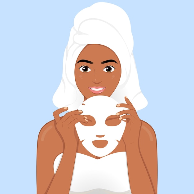 A beautiful african girl applying paper face mask skincare routine facial maskbare face smiling