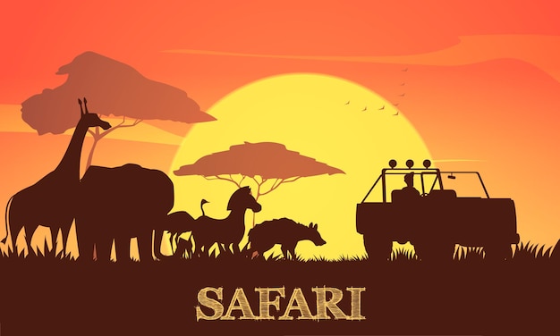 Beautiful african sunset safari illustration with giraffe elephant zebra acacia trees and jeep silhouettes