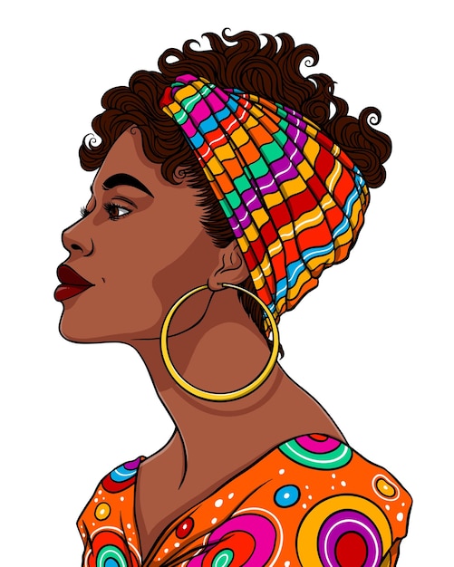 Beautiful African woman portrait in bright colors tribal patterned clothes vector illustration