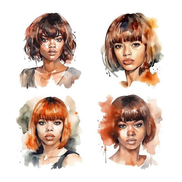 Beautiful African woman with brown Bangs hair watercolor paint collection