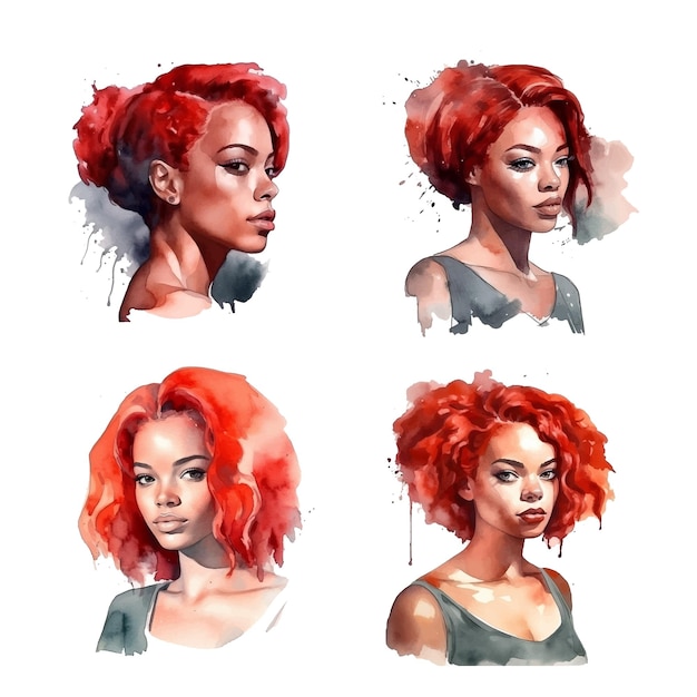 Beautiful African woman with red hair watercolor paint collection