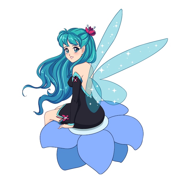 Beautiful anime fairy with shiny blue wings, cyan hair sitting on flower and wearing black dress.