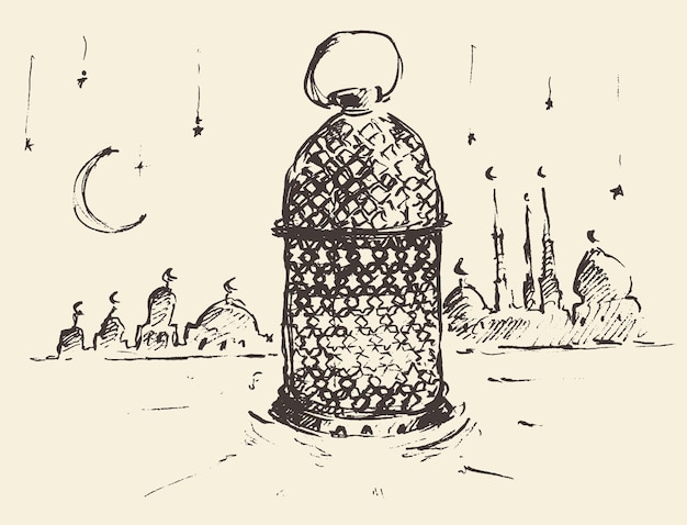 Beautiful Arabian lantern, Ramadan celebration vintage engraved illustration, hand drawn