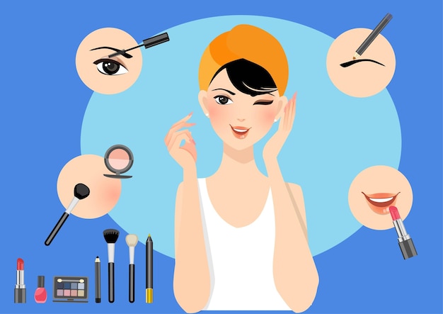 Beautiful Asian female blogger showing how to apply makeup and apply makeup front camera to record live vlog video Flat style cartoon illustration vector