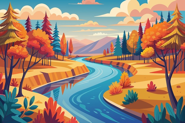 A beautiful autumn landscape with a river running through it