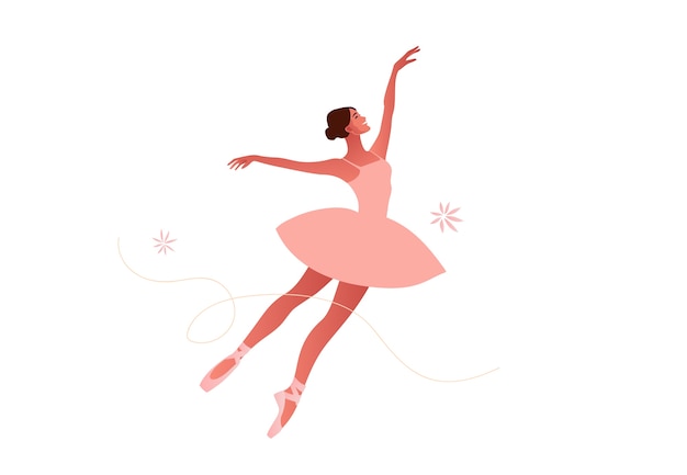 Beautiful ballerina flat  set illustration. Beauty of classic ballet. Young graceful woman ballet dancer wearing tutu. Pointe shoes, pastel colors.