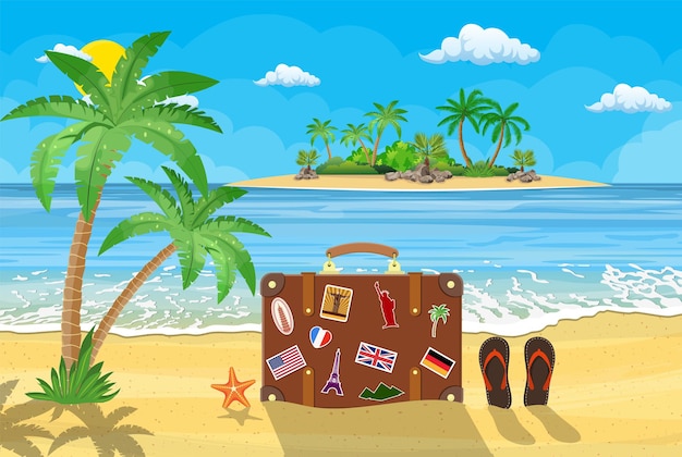 Beautiful beach by the sea, palm trees, mountains, beach, suitcase, starfish