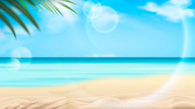 Beautiful beach resort scene with palm tree and clear ocean water in 3d illustration