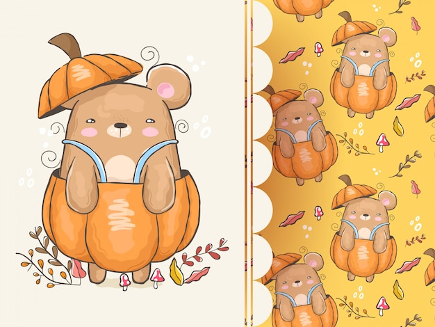 Beautiful bear inside pumpkin with pattern background