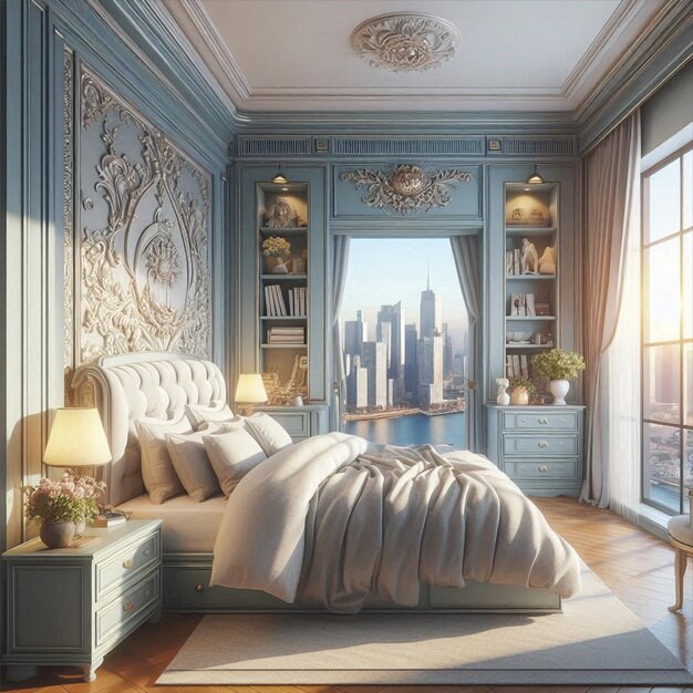 Vector beautiful bedroom with window nice view