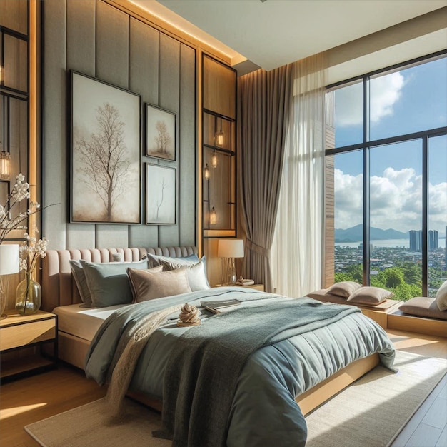 Vector beautiful bedroom with window nice view